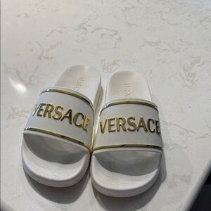 Versace White Slides with Gold Logo Trim